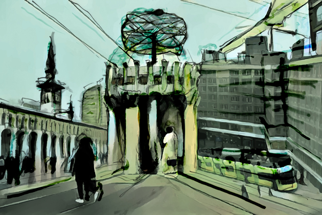 Weltzeituhr Berlin Alexanderplatz und Umayyad Moschee Damaskus. Zeichnung von Studio Khaled Barakeh auf Basis einer Fotografie von Guevara Namer (2019)